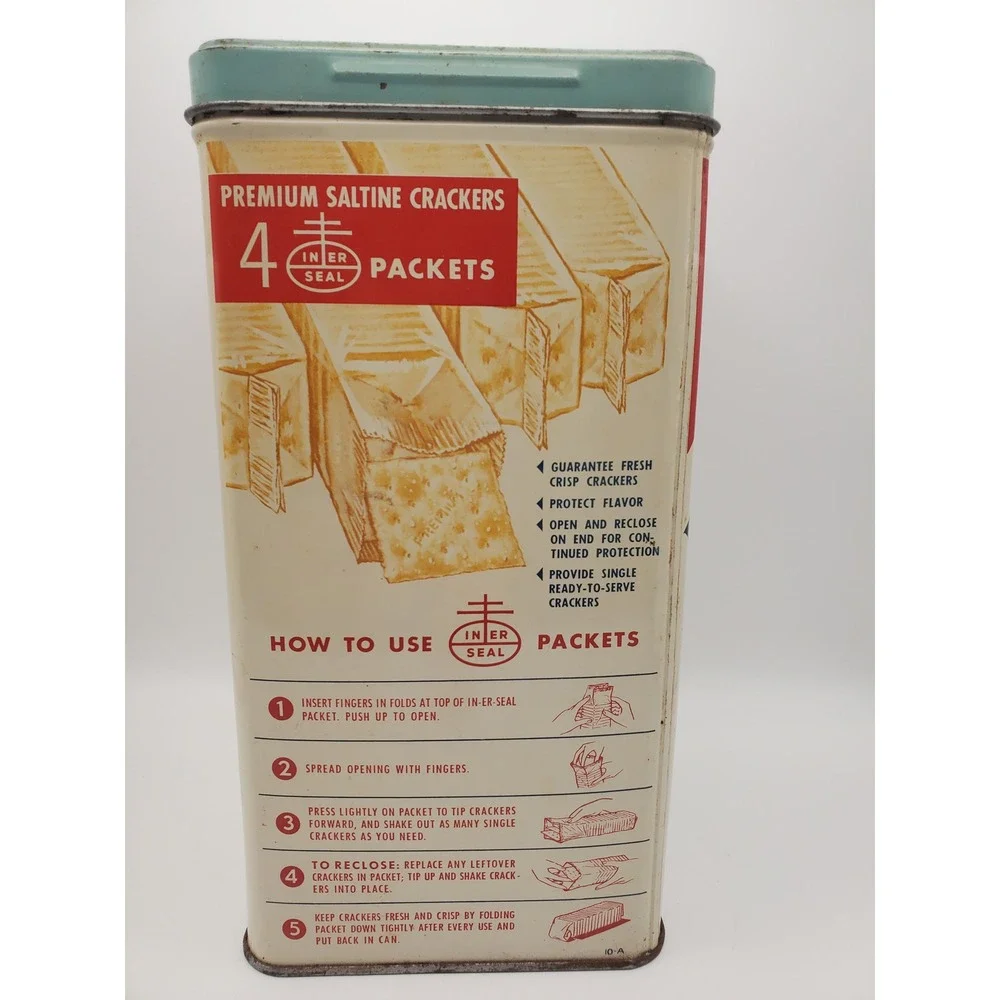 Vintage 1965 Nabisco Premium Saltines Cracker Tin - Bilingual w/ Turquoise Lid